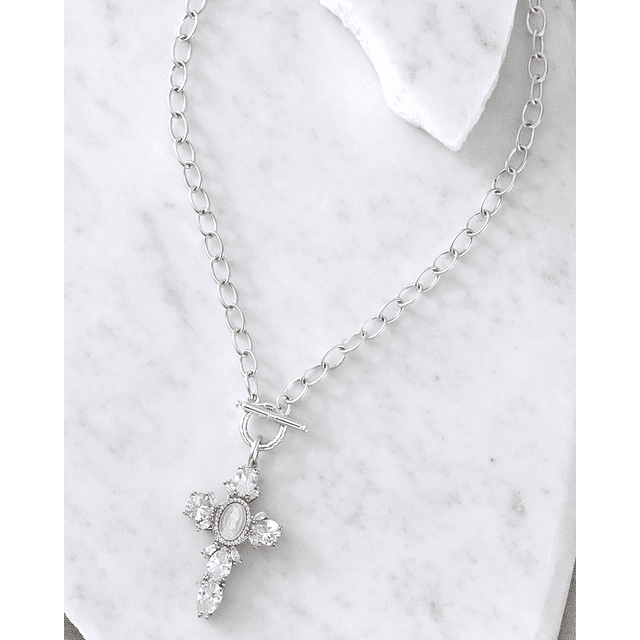 Collar Maxi Cruz Cristales y Nácar Silver