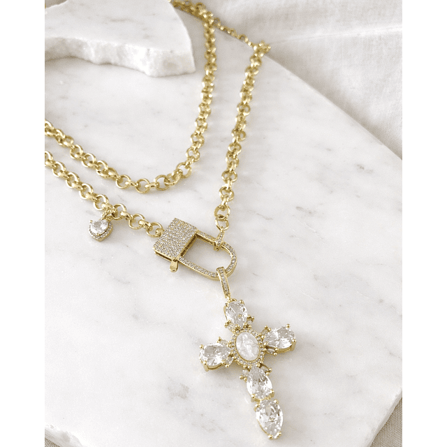 Collar XL Maxi Cruz Cristales  Broche Candado Luxury Gold