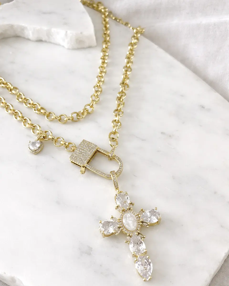 Collar XL Maxi Cruz Cristales  Broche Candado Luxury Gold 4