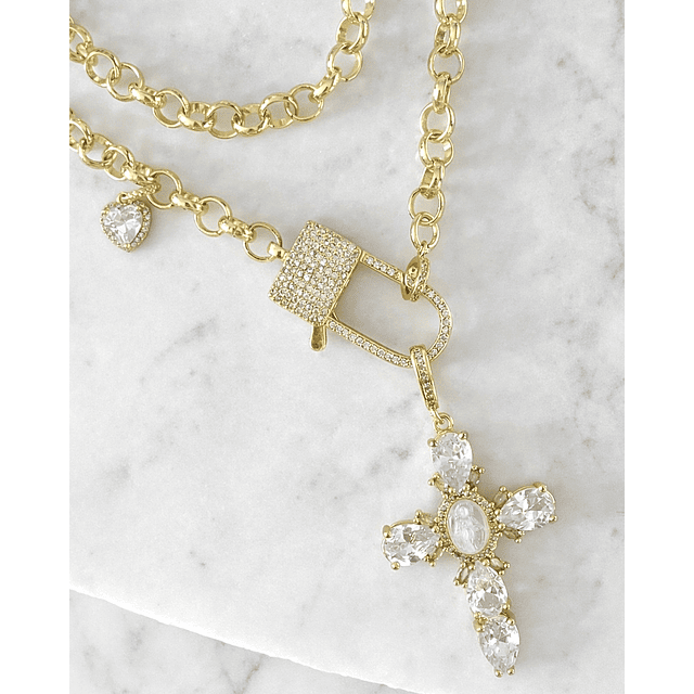 Collar XL Maxi Cruz Cristales  Broche Candado Luxury Gold