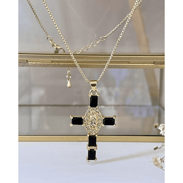 Collar Cadena Cruz Cristales Black Gold