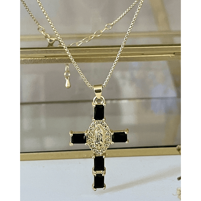 Collar Cadena Cruz Cristales Black Gold