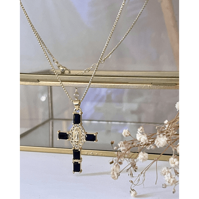 Collar Cadena Cruz Cristales Black Gold