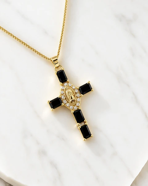 Collar Cadena Cruz Cristales Black Gold