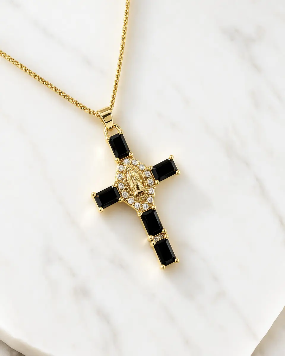 Collar Cadena Cruz Cristales Black Gold 1