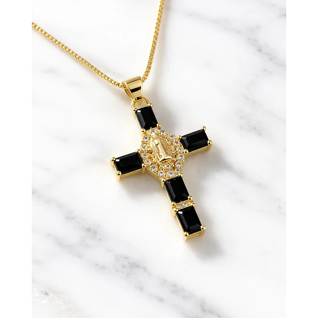 Collar Cadena Cruz Cristales Black Gold