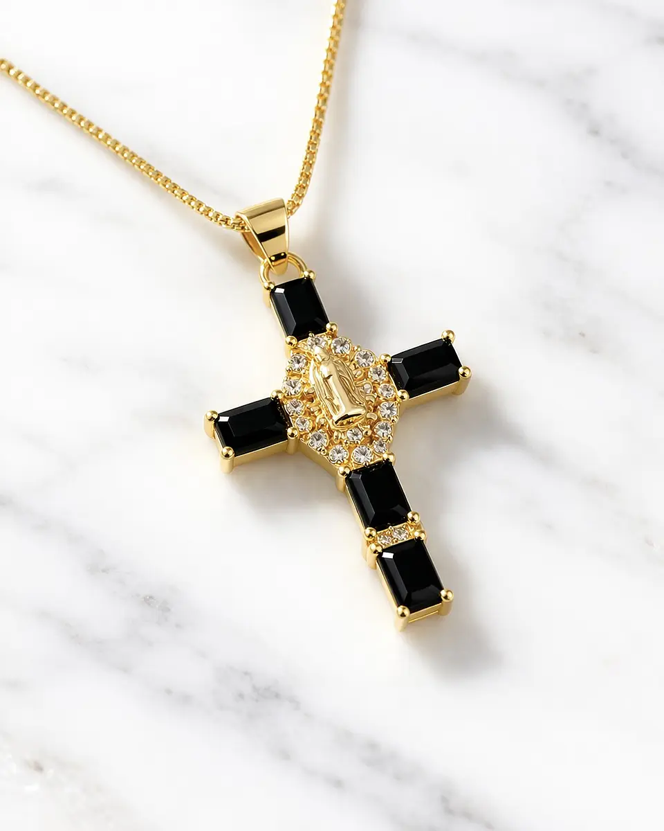 Collar Cadena Cruz Cristales Black Gold 3