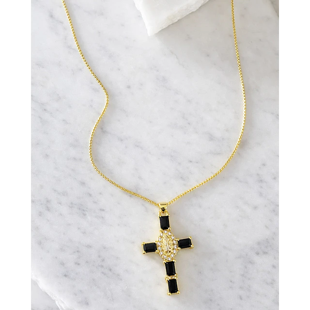 Collar Cadena Cruz Cristales Black Gold