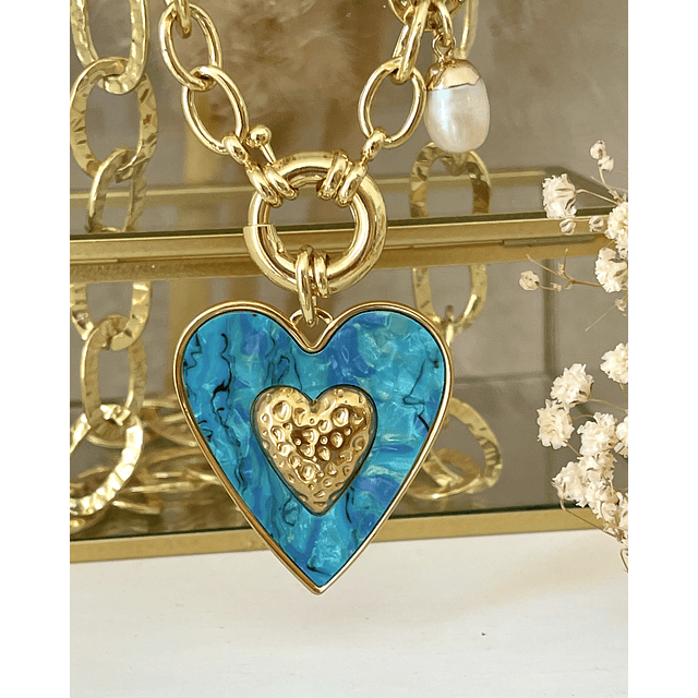 Collar XL Maxi Corazón Turquesa Maxi Eslabones Gold
