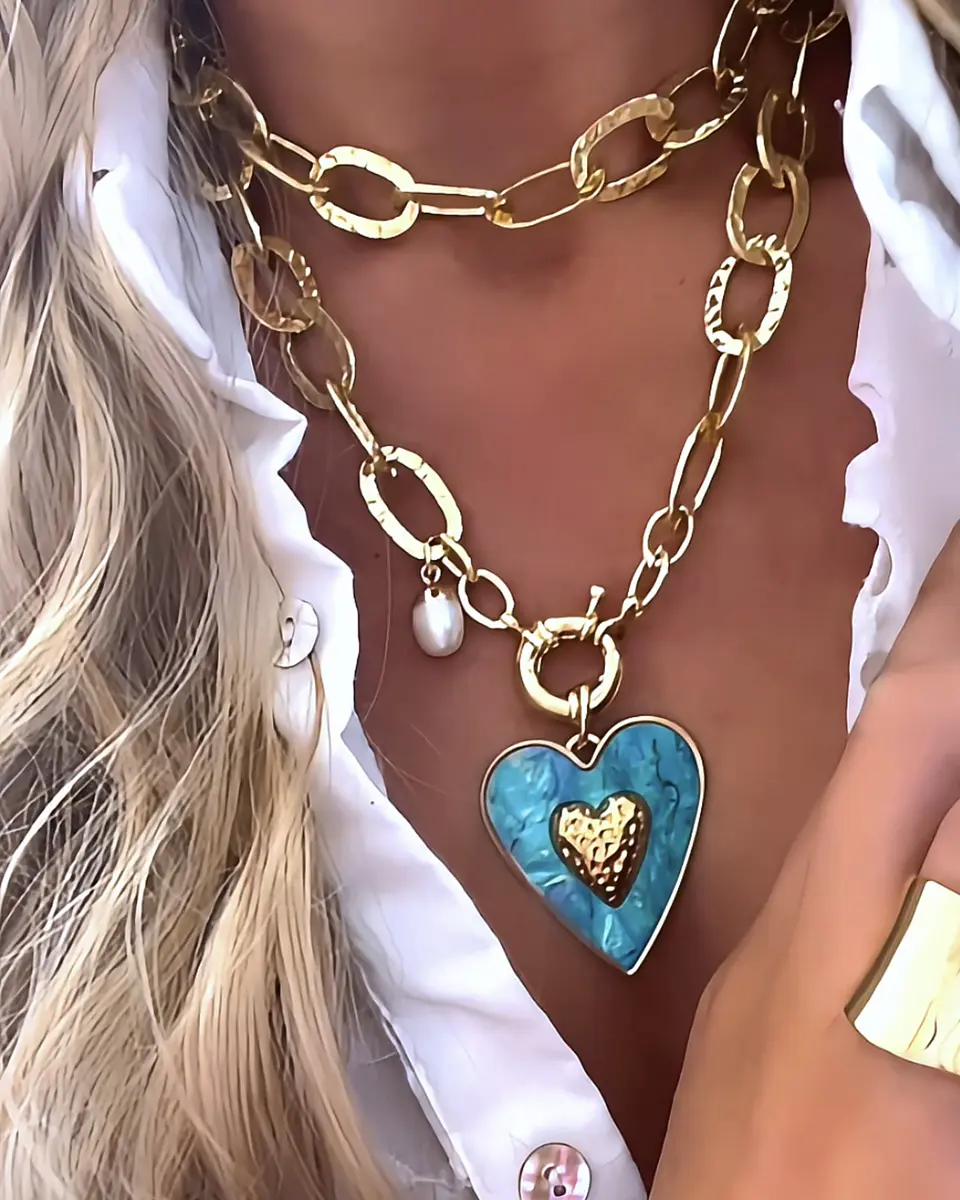 Collar XL Maxi Corazón Turquesa Maxi Eslabones Gold 7