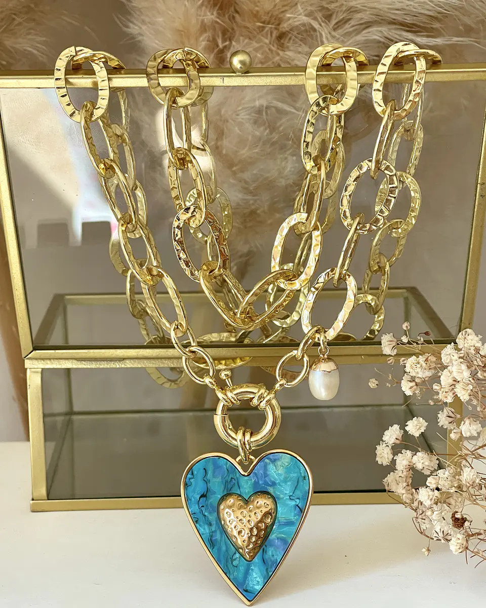 Collar XL Maxi Corazón Turquesa Maxi Eslabones Gold 8