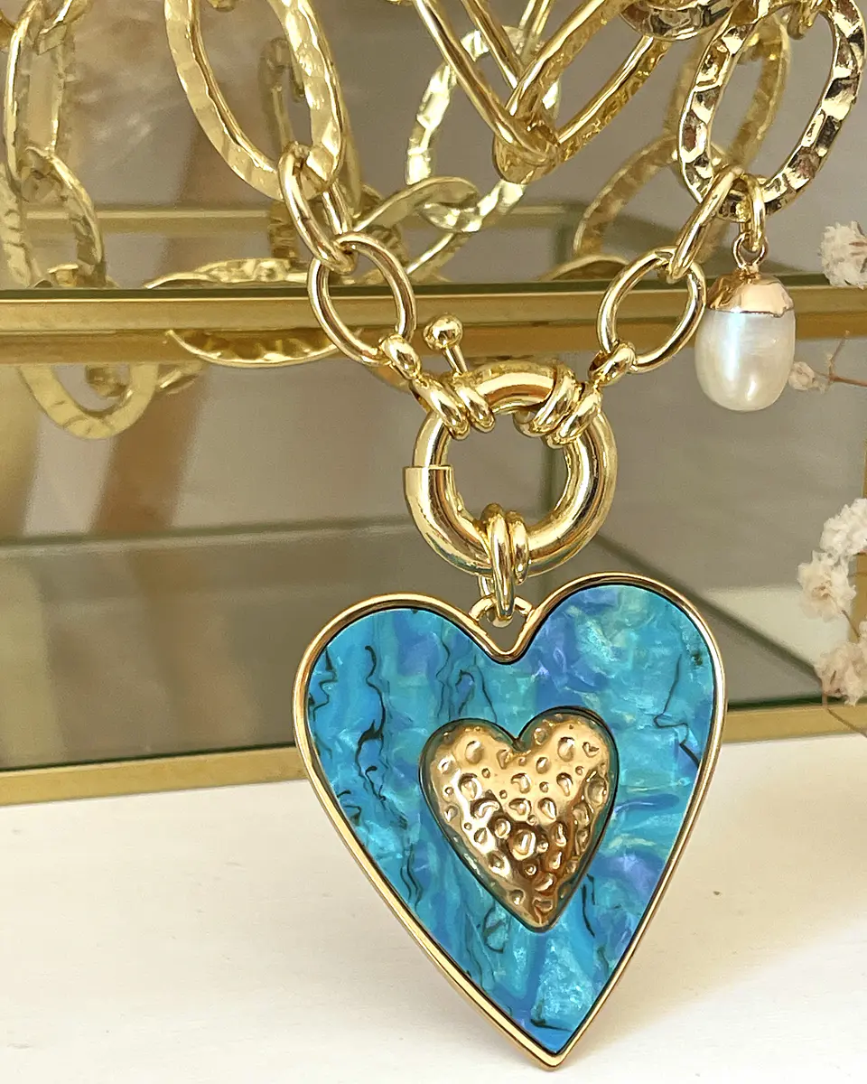 Collar XL Maxi Corazón Turquesa Maxi Eslabones Gold 9