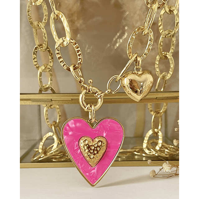 Collar XL Maxi Corazón Pink Maxi Eslabones Martillados Gold