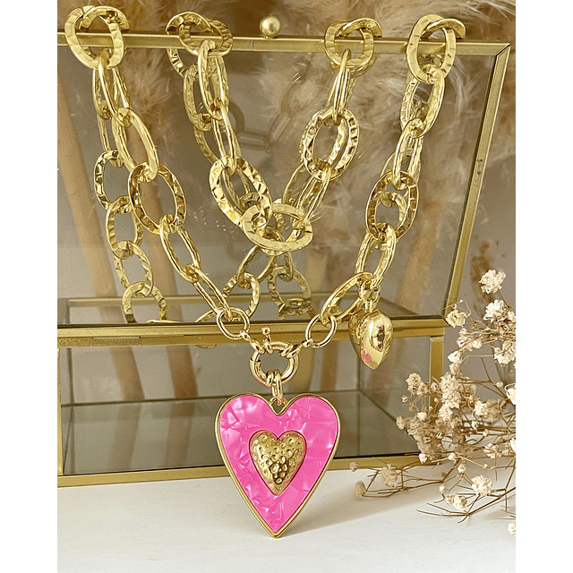 Collar XL Maxi Corazón Pink Maxi Eslabones Martillados Gold