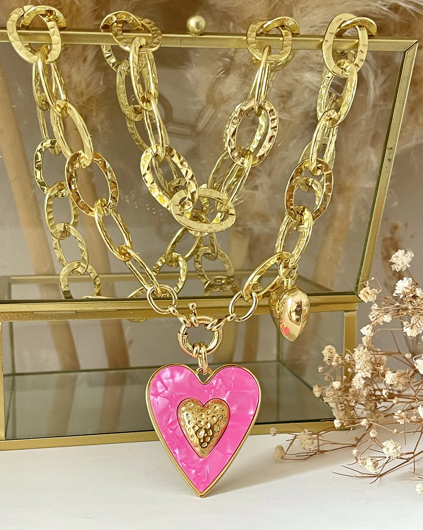 Collar XL Maxi Corazón Pink Maxi Eslabones Martillados Gold 4