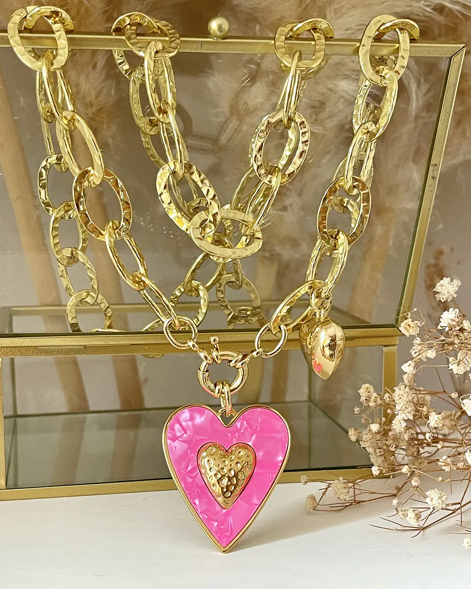 Collar XL Maxi Corazón Pink Maxi Eslabones Martillados Gold 4