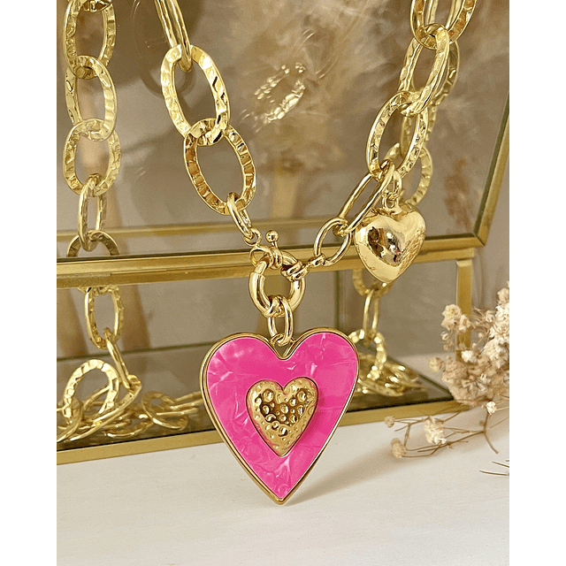Collar XL Maxi Corazón Pink Maxi Eslabones Martillados Gold