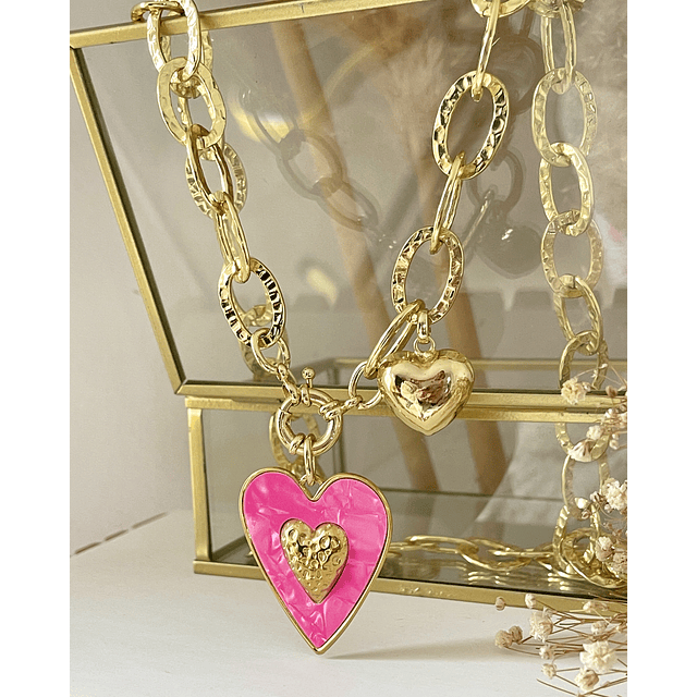 Collar XL Maxi Corazón Pink Maxi Eslabones Martillados Gold