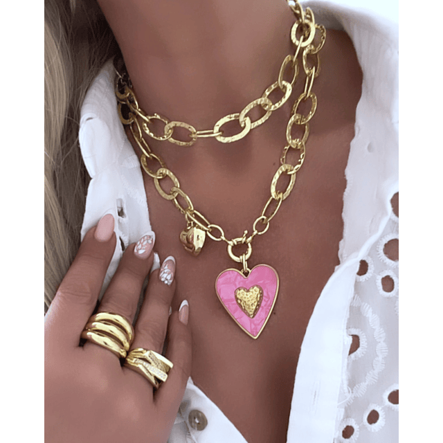 Collar XL Maxi Corazón Pink Maxi Eslabones Martillados Gold