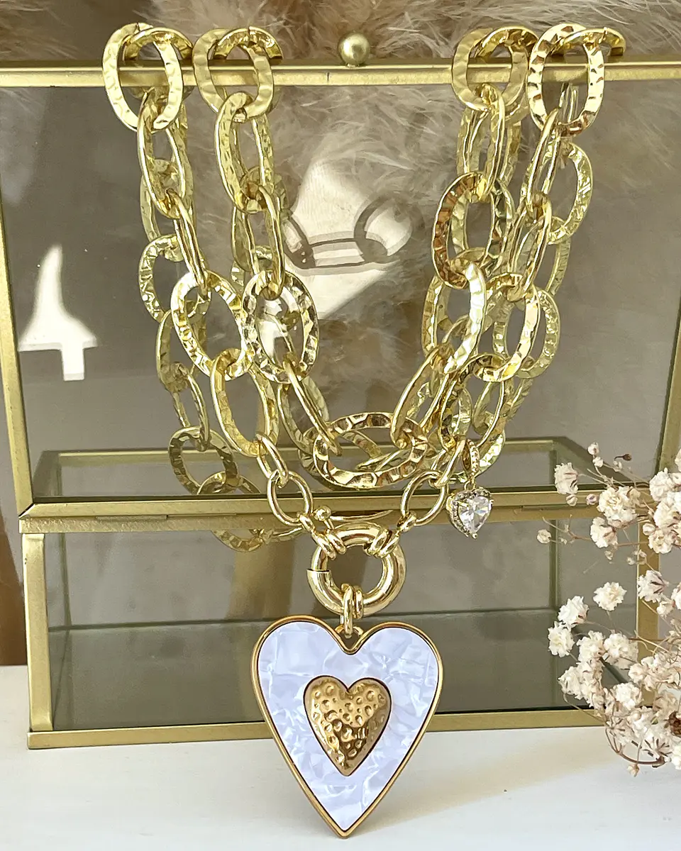 Collar XL Maxi Corazón White Maxi Eslabones Martillados Gold  6