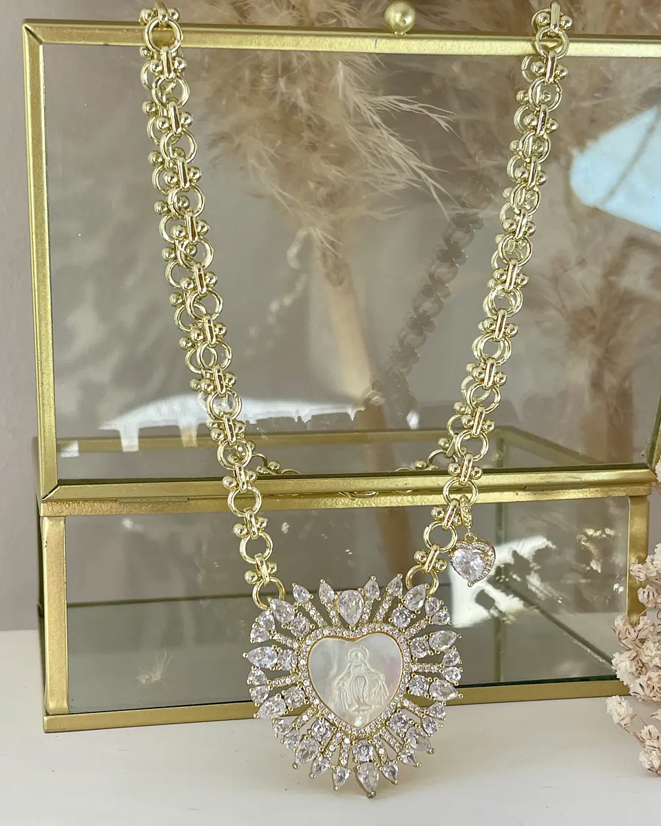 Collar maxi Corazón Virgen Nácar cristales gold 6