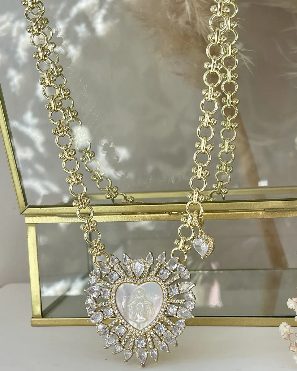 Collar maxi Corazón Virgen Nácar cristales gold 8