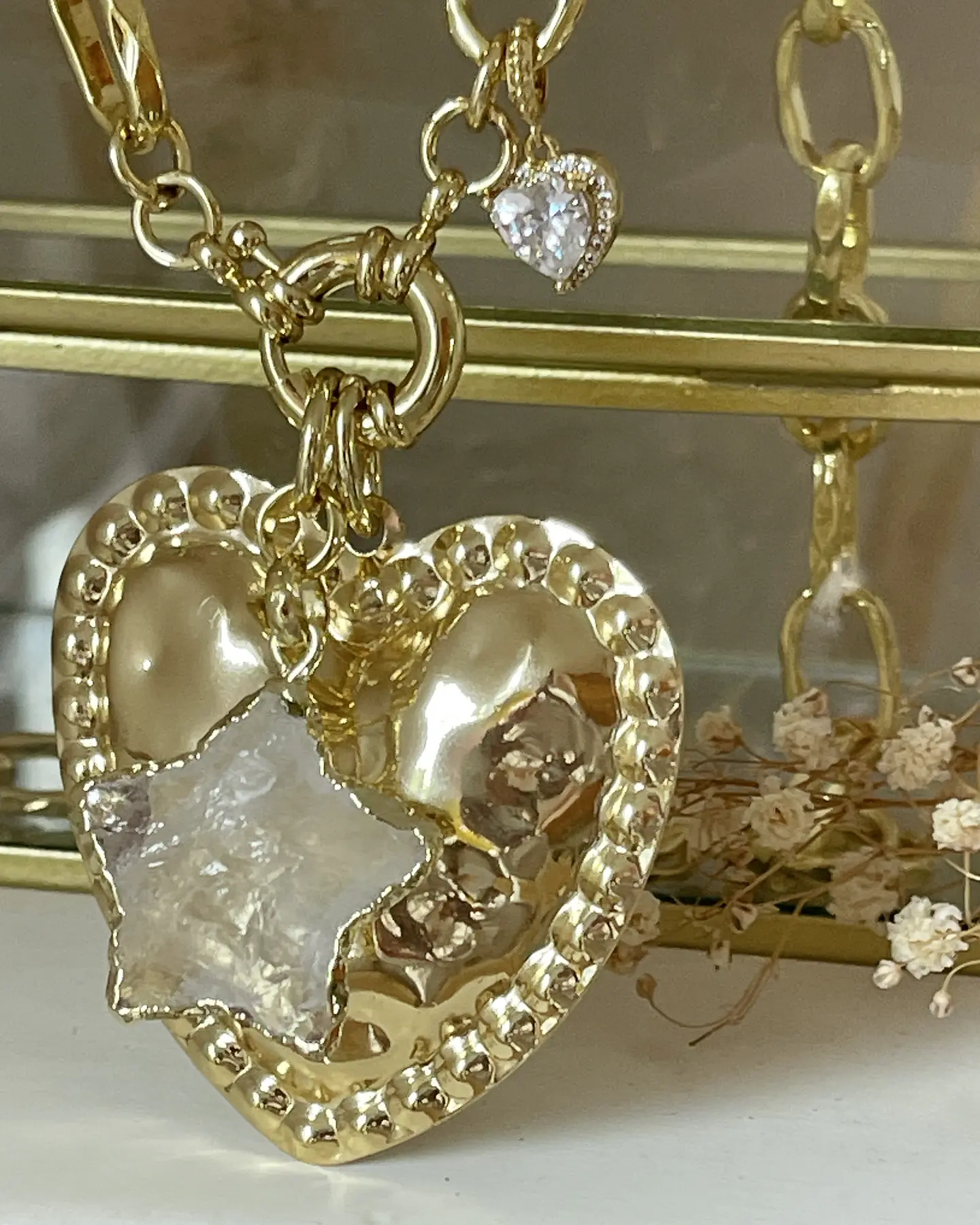 Collar XL Corazón Martillado y Estrella Cuarzo Gold 3
