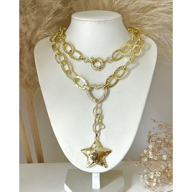 Collar XL Estrella Martillada Conector Corazón Gold