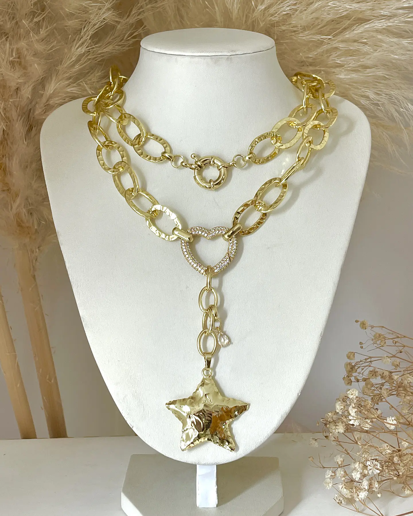 Collar XL Estrella Martillada Conector Corazón Gold 6