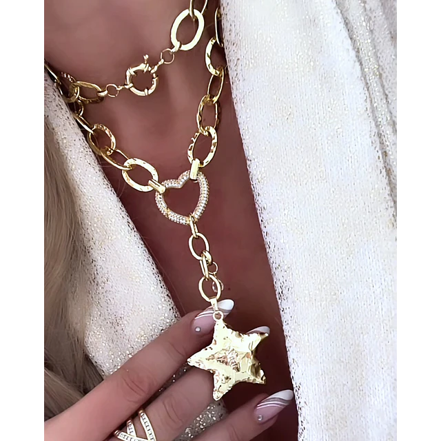 Collar XL Estrella Martillada Conector Corazón Gold