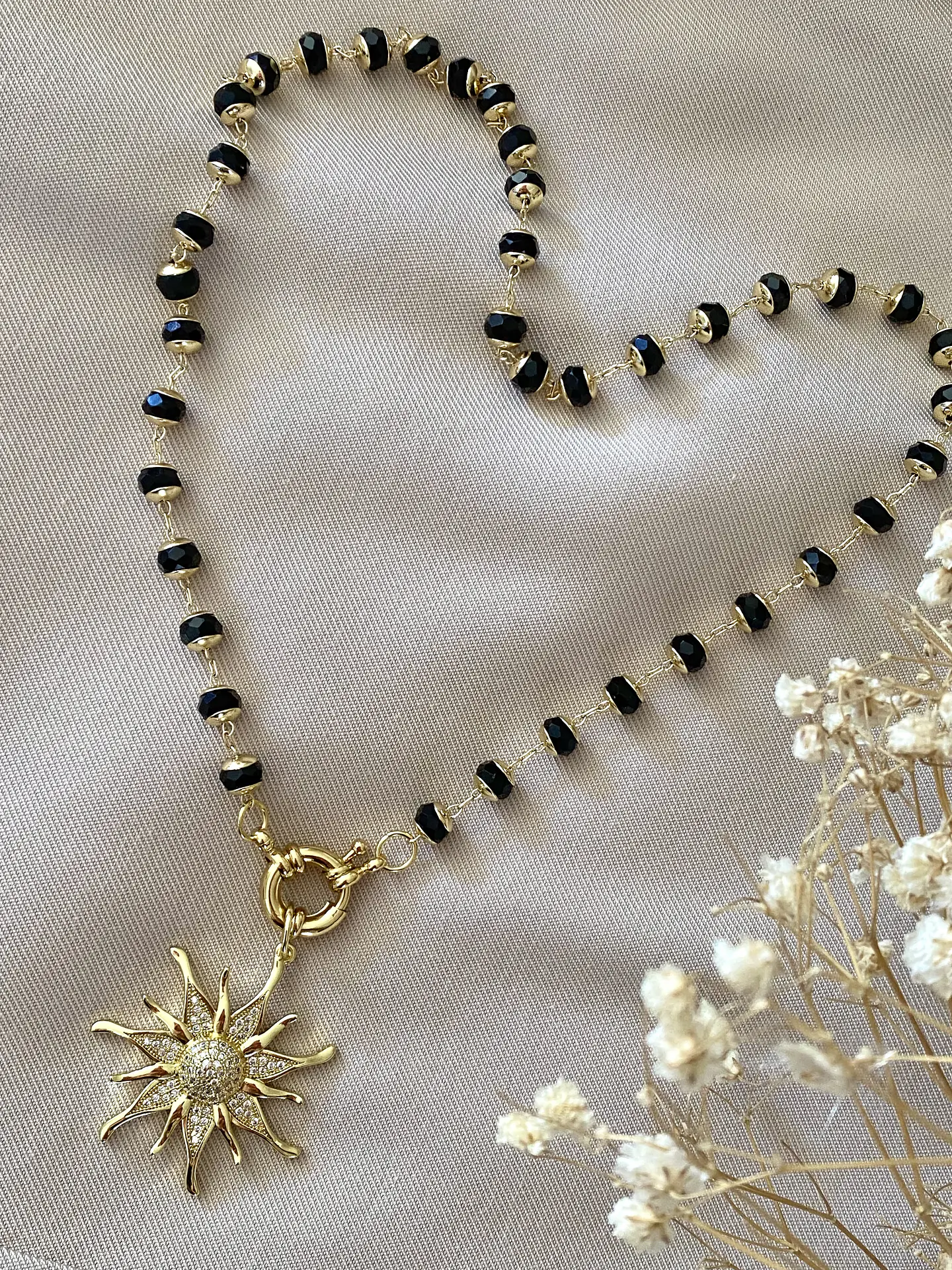 Collar Sol Circones Cadena cristales negros facetados  5