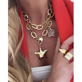 Collar XL Maxi Estrella Martillada y estrella cuarzo cristal gold