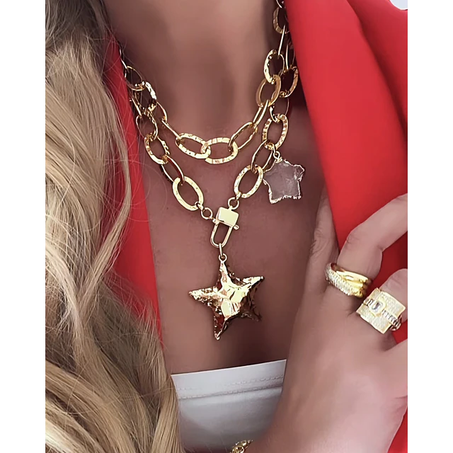 Collar XL Maxi Estrella Martillada y estrella cuarzo cristal gold