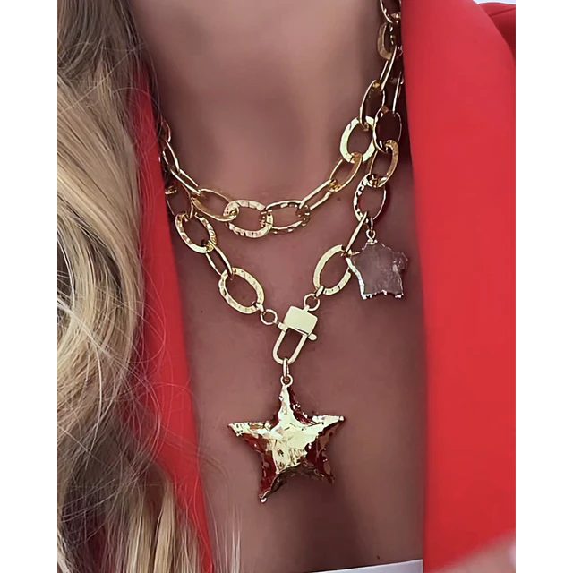 Collar XL Maxi Estrella Martillada y estrella cuarzo cristal gold