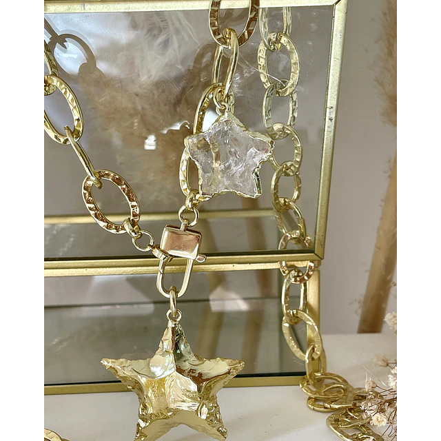 Collar XL Maxi Estrella Martillada y estrella cuarzo cristal gold