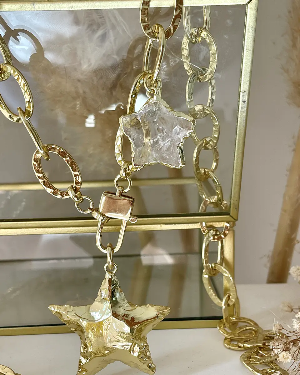 Collar XL Maxi Estrella Martillada y estrella cuarzo cristal gold 4