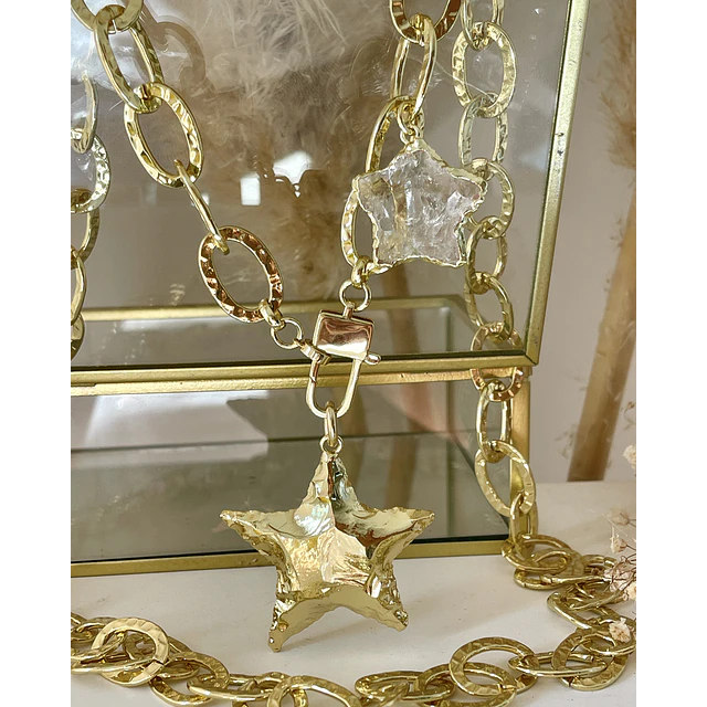 Collar XL Maxi Estrella Martillada y estrella cuarzo cristal gold