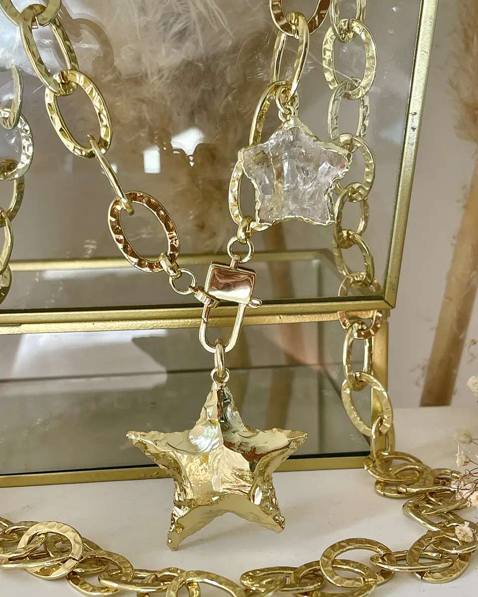 Collar XL Maxi Estrella Martillada y estrella cuarzo cristal gold 8