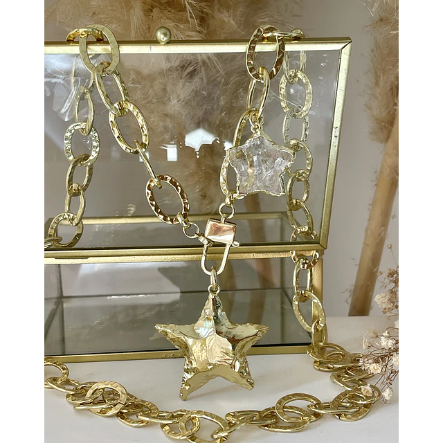Collar XL Maxi Estrella Martillada y estrella cuarzo cristal gold