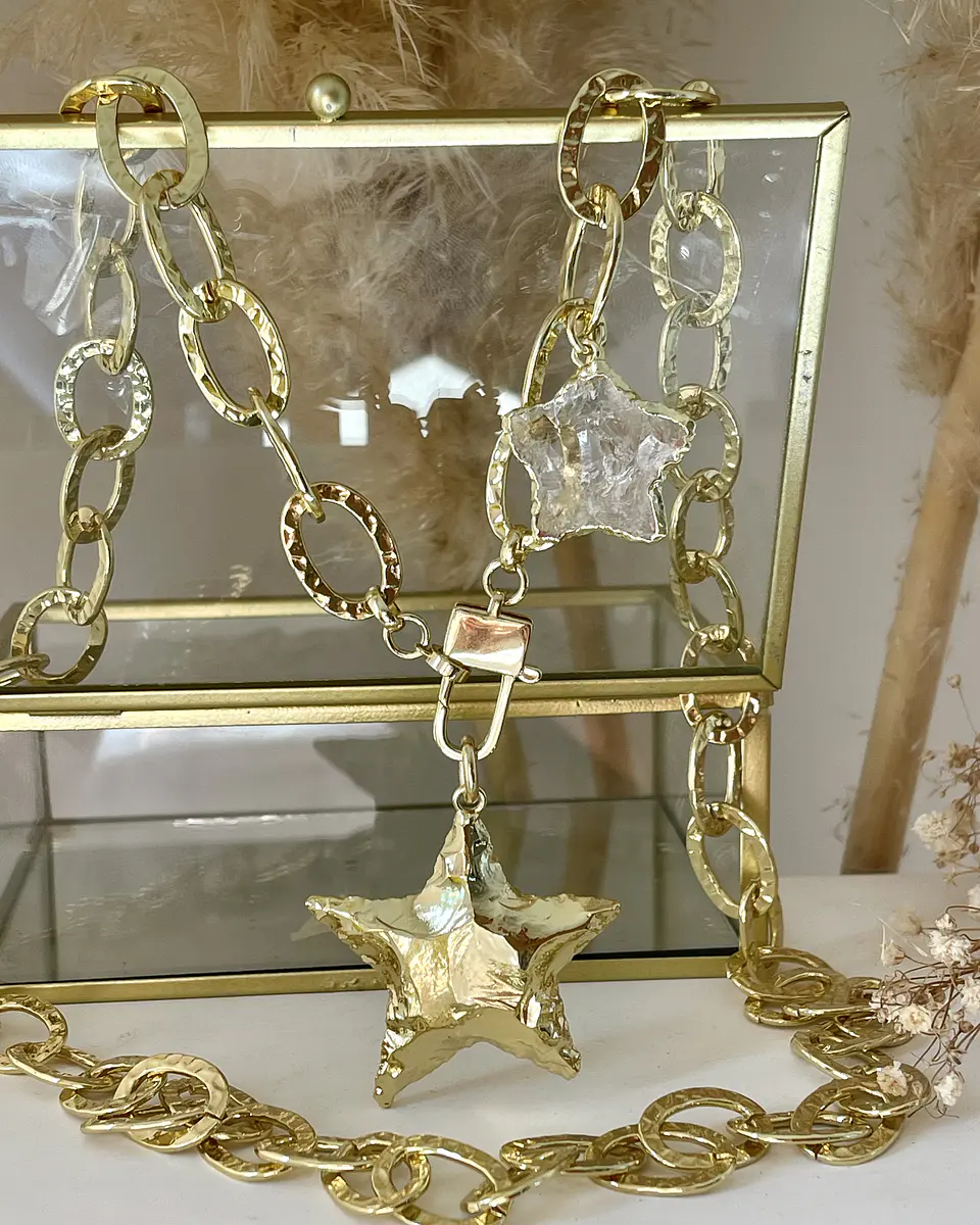 Collar XL Maxi Estrella Martillada y estrella cuarzo cristal gold 6