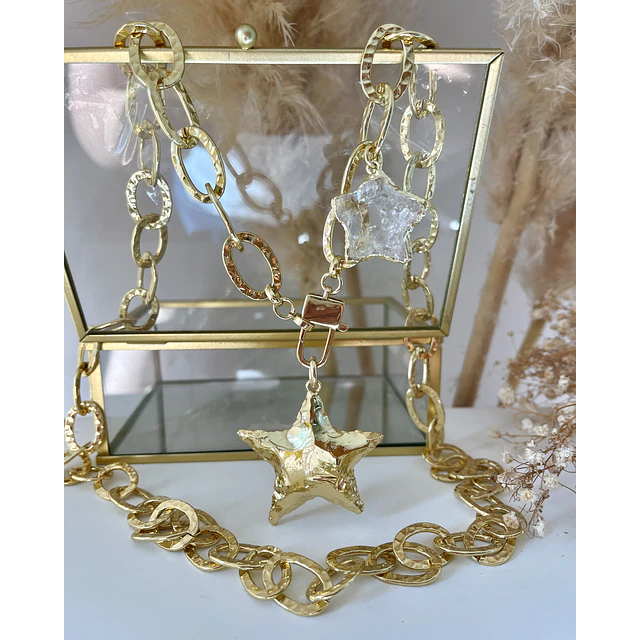 Collar XL Maxi Estrella Martillada y estrella cuarzo cristal gold