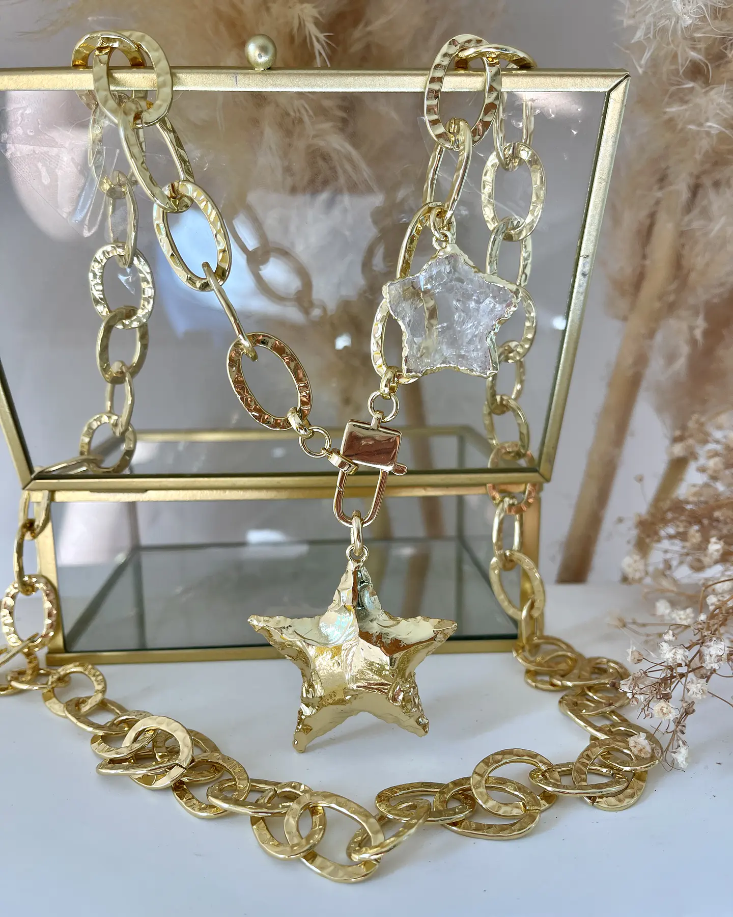 Collar XL Maxi Estrella Martillada y estrella cuarzo cristal gold 2