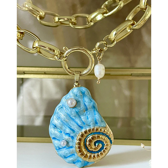 Collar Maxi Caracola Blue Perlas Gold