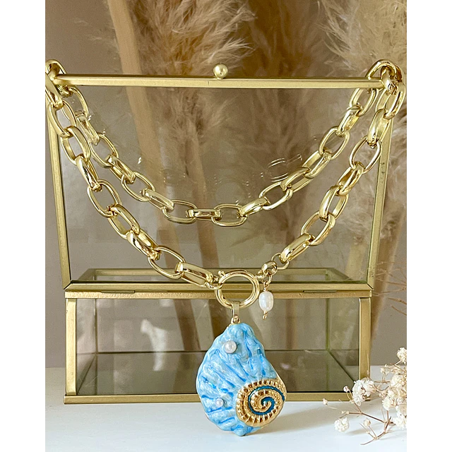 Collar Maxi Caracola Blue Perlas Gold