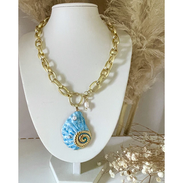 Collar Maxi Caracola Blue Perlas Gold