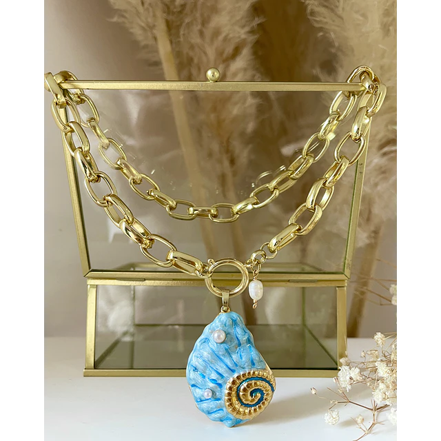 Collar Maxi Caracola Blue Perlas Gold