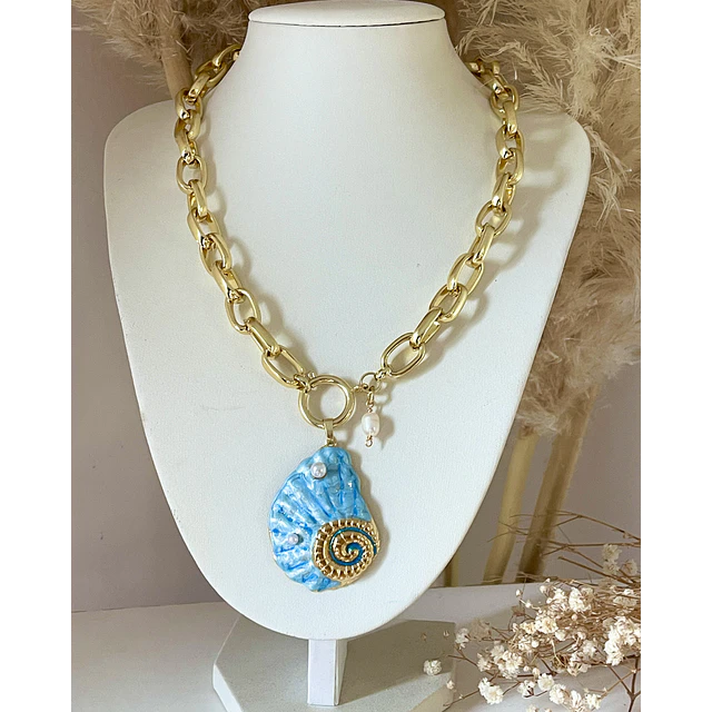 Collar Maxi Caracola Blue Perlas Gold