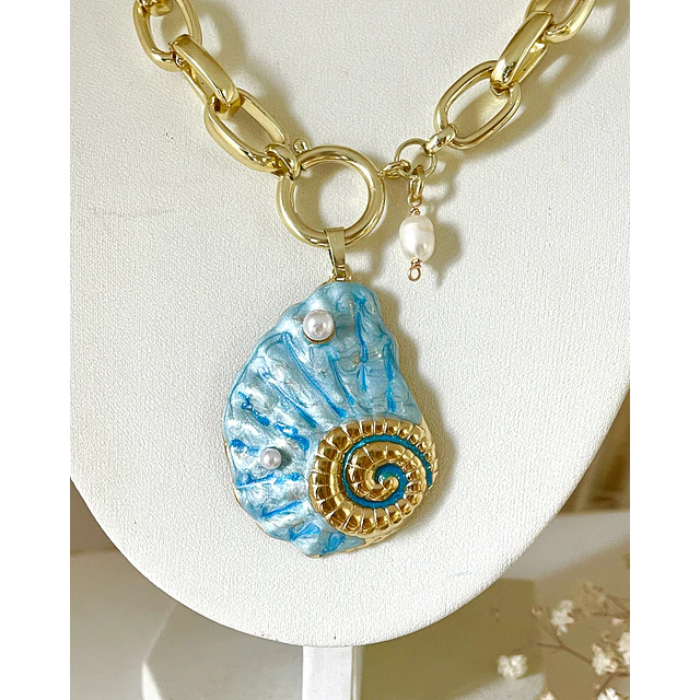 Collar Maxi Caracola Blue Perlas Gold