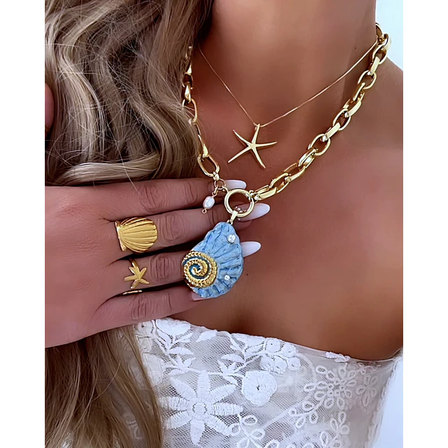 Collar Maxi Caracola Blue Perlas Gold