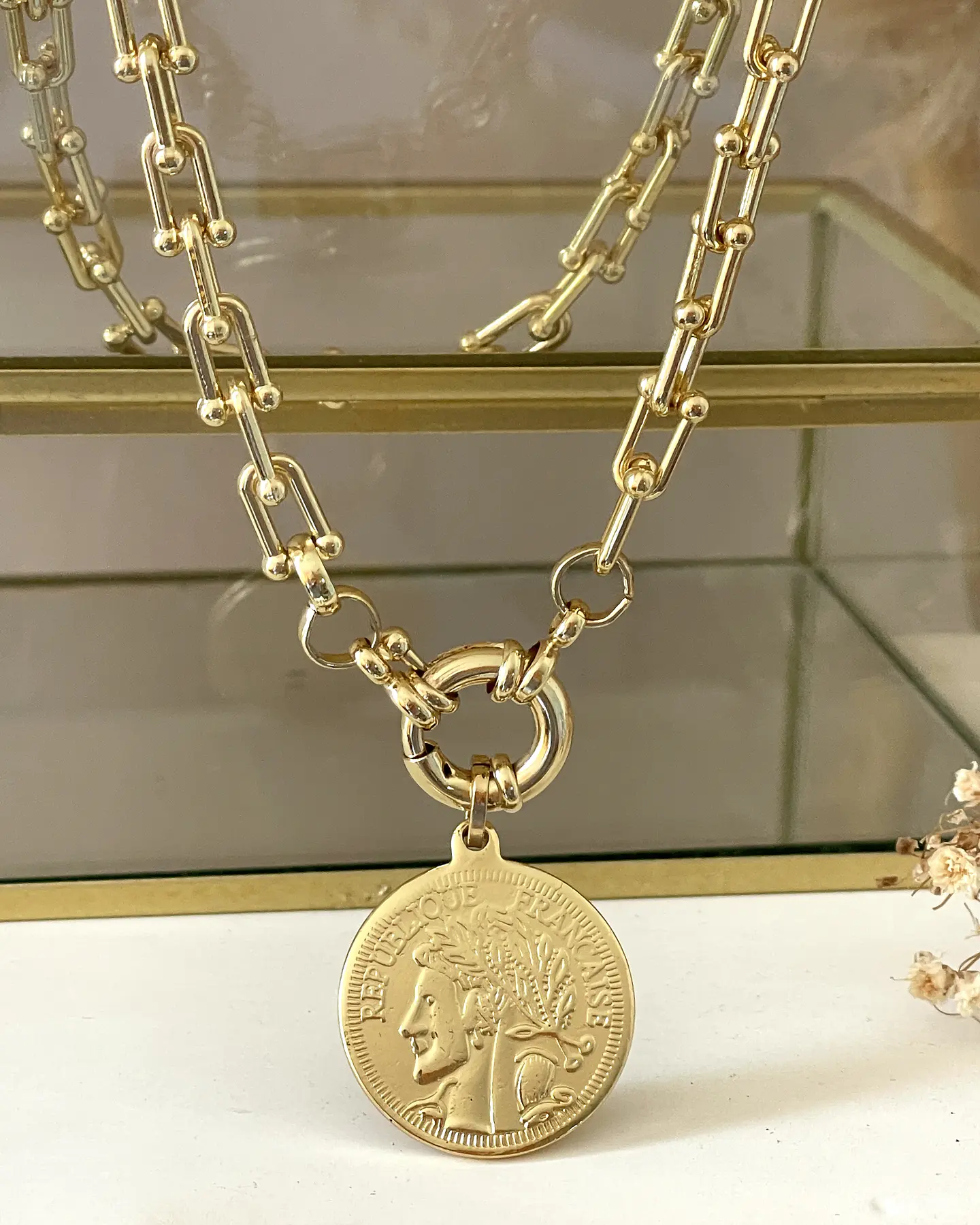 Collar Moneda Francesa Eslabones Tiffany gold  4